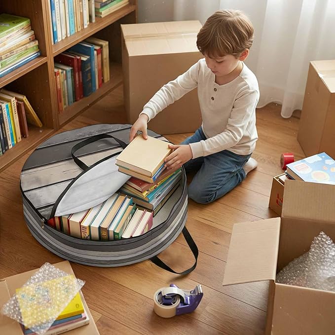 Retro Dark Grey Stripe Round Storage Bag 24 Inch, Peeling Paint Effect Texture Clothes Storage Container with Handles Heavy Duty Organizer for Comforter, Bedding & Holiday Wreaths