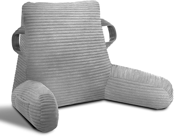 Reading Pillow for Sitting in Bed Adult, Bed Reading Pillow with Shredded Memory Foam, Back Pillow for Sitting with Arms and Pockets, LightGrey