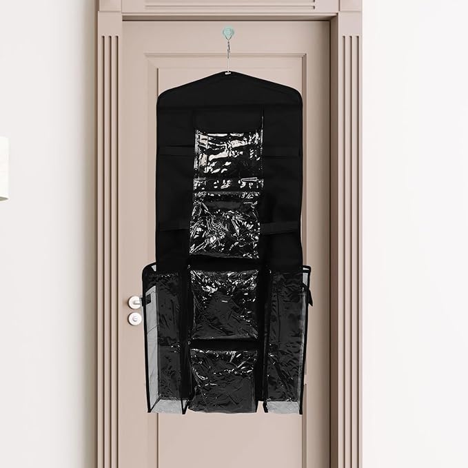 Hemobllo The Door Hanging Storage Organizer Bag for Wrap and Sundries, Black Fabric Hanging Pocket Organizer with Multiple Compartments for Closet and Door Storage