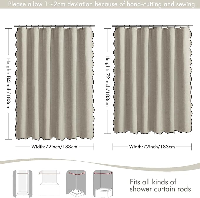 MIULEE Linen Scalloped Shower Curtain Linen Textured with 12 Metal Hooks Cute Heavy Duty Washable Waterproof Thick Cloth Shower Curtains with Black Border for Bathroom Hotel Bathtub,W72*L72