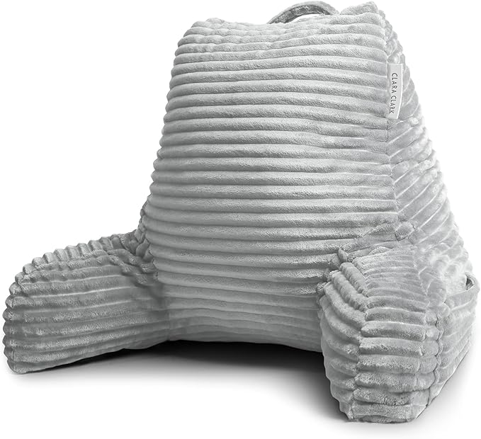 Clara Clark Reading Pillow for Bed Adult–Back Pillow for Sitting in Bed, Standard Plush Bed Pillows for Sitting Up in Bed, Shredded Foam Bed Chair Pillow with Arms and Pockets, Silver Bed Rest Pillow