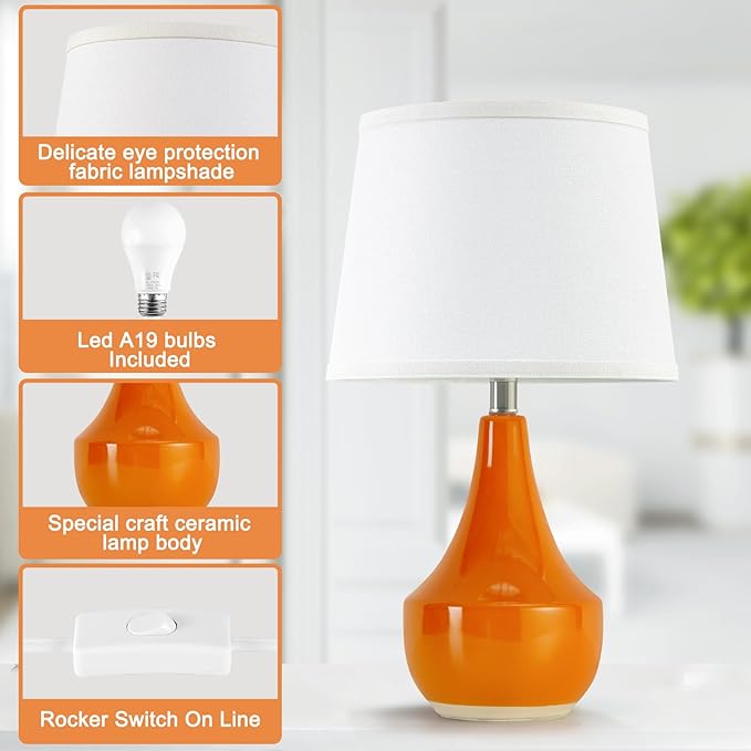 GyroVu 18" Table Lamp Set of 2, Ceramic Lamp Classic Beside Lamps Nightstand Lamp Modern Table Lamp for Living Room, Bedroom & Office Rocker Swtich Orange-LED Bulbs Included