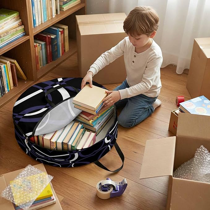 Storage Bag Blue Black Geometric Circle Round Storage Totes Bins Closet Organizers with Zippers & Handle Modern Abstract Lines Clothes Storage Container for Bedroom Dorm Space Saving Packing Supplies