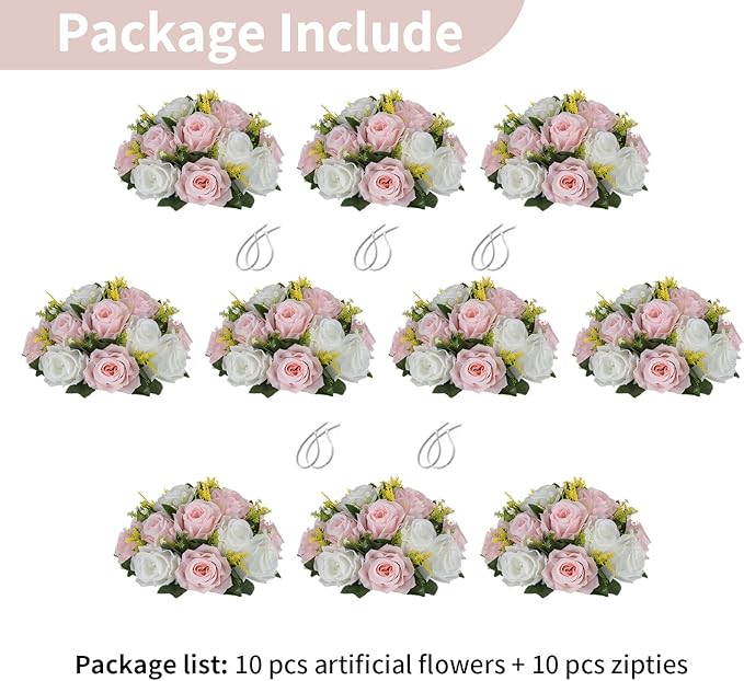 NUPTIO Flower Ball Centerpieces for Tables: 10 Pcs Artificial Pink & White Rose Arrangements for Wedding Centerpiece - Faux Silk Floral Kissing Balls for Home Gender Reveal Party Mother's Day Decor
