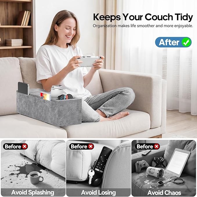 Sofa Armrest Couch Caddy with Cup Holder, Removable Couch Armrest Table Pillow Caddy Drink Holder Tray Insert Between Cushions, Sofa Accessory Storage for Remote,Glasses, Phone, iPad and Magazines