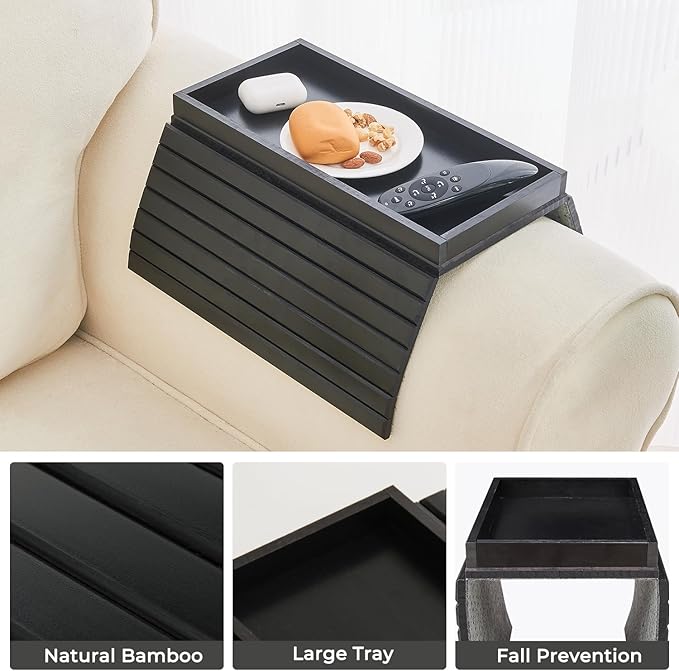 LOVYANXUE Bamboo Sofa Arm Tray, Anti Falling Couch Arm Tray Table, Foldable Couch Armrest Table, Portable Sofa Armrest Trays Cup Holder for Drink, Cups, Phone, Snacks, Remote