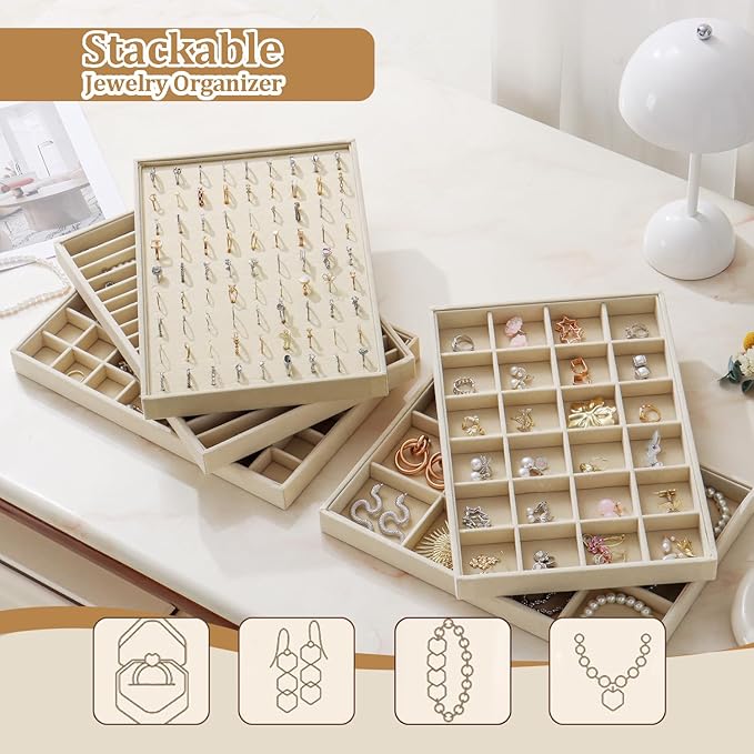 Large Velvet Jewelry Tray 2 Pack Stackable Jewelry Display Drawer Inserts Trays Organizer for Earring Bracelet Necklace Ring (Beige, 12 Grids)