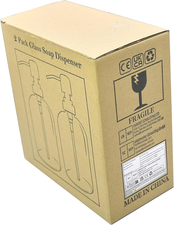 Pack of 2 Glass Soap Dispenser with Black Pump, 400 ml Refillable Pump Dispenser for Kitchen, Bathroom, Laundry Room, Liquid Glass Bottle for Washing Up Liquid, Shampoo, Conditioner (Clear)