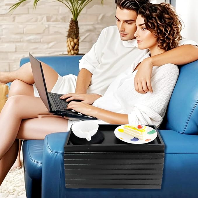 Bamboo Sofa Arm Tray with 2Pcs Cup Mats, Foldable Sofa Armrest Tray Side Table, Anti-Dropping Couch Armrest Table Cup Holder for Eats Drinks Snacks Remote Cellphone Cup Holder(Black)