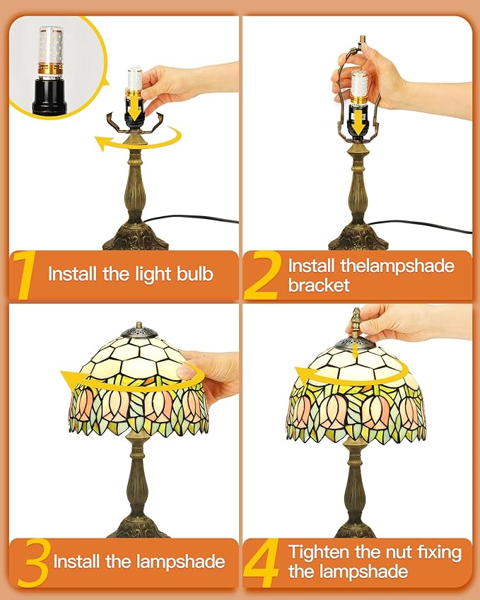 Tiffany Lamp Stained Glass Lamp Pink Tulip Bedroom Table lamp Reading Desk Light for Bedside Living Room Office Dormitory Dining Room Decorate Housewarming Gift 12X12X18 Include Light Bulb
