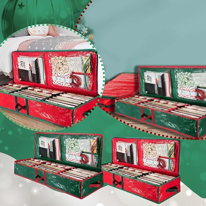 AOLHXY Gift Wrap Organizer, christmas storage under bed,Christmas Wrapping Paper Storage Bag Useful Pockets for Xmas Accessories, Large Capacity Storage Box,Holiday Accessories