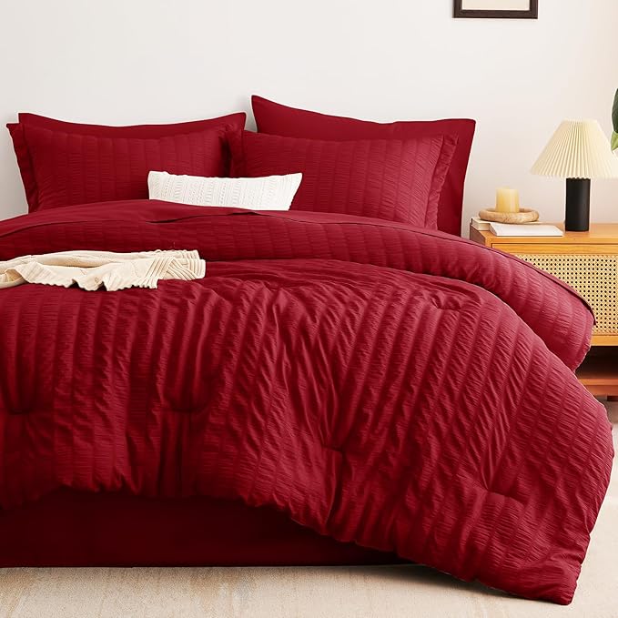 CozyLux King Size Comforter Set Dark Red Seersucker 7 Pieces Bed in a Bag King Comforter Set with Sheets, Luxury Soft Bedding Sets with Down Alternative Comforter, Sheets, Pillowcases & Shams