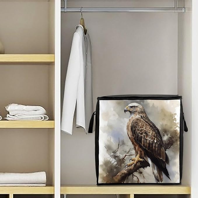 Watercolor of Hawk Sitting in The Tree Storage Bag Quilt Storage Bag with Sturdy Zippered Fashion Breathable Closet Organizer Storage Boxes with Carry Handles for Blanket Pillow Bedding