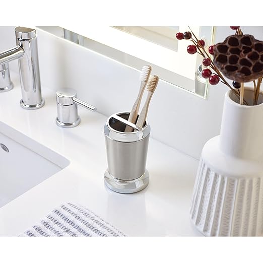 iDesign Stainless Steel Bathroom Counters-Set of 2 Toothbrush Holder, Pack of 2, Brushed/Chrome Split Finish