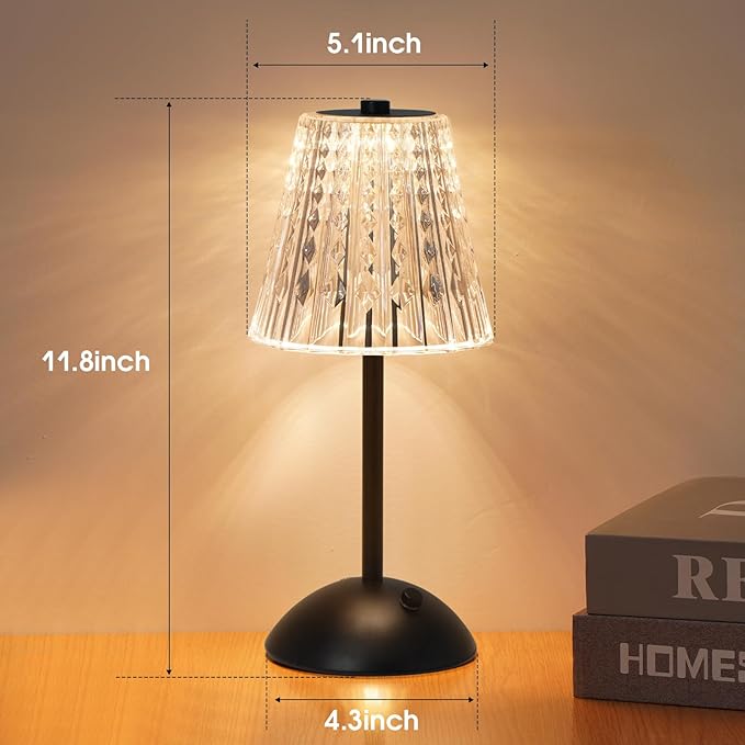 Nusogon Cordless Touch Table Lamp, 3500mAh Rechargeable Small Dask Lamp, 3 Colors Dimmable Battery Operated Crysta Lamp for Bedroom Restaurant Kitchen Home Decor, Black, 2pcs