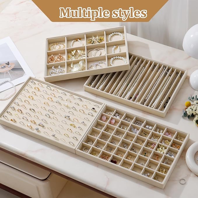 Large Velvet Jewelry Tray 2 Pack Stackable Jewelry Display Drawer Inserts Trays Organizer for Earring Bracelet Necklace Ring (Beige, Ring 81 Slots)