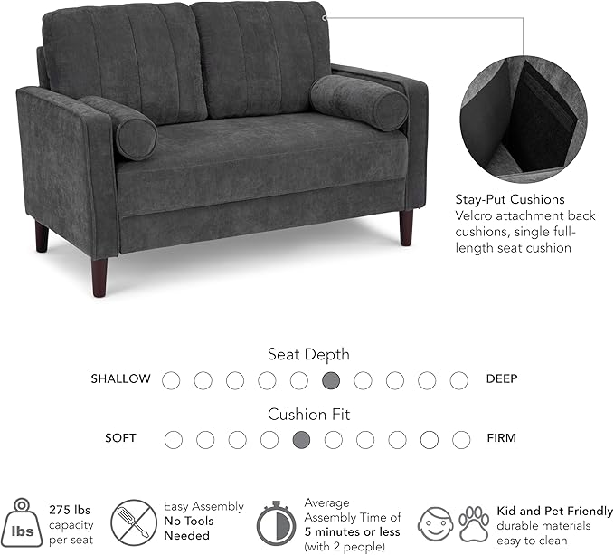 Bush Home 54-inch Loveseat, Living Room Furniture, Max Collection, Iron Gray Chenille Fabric