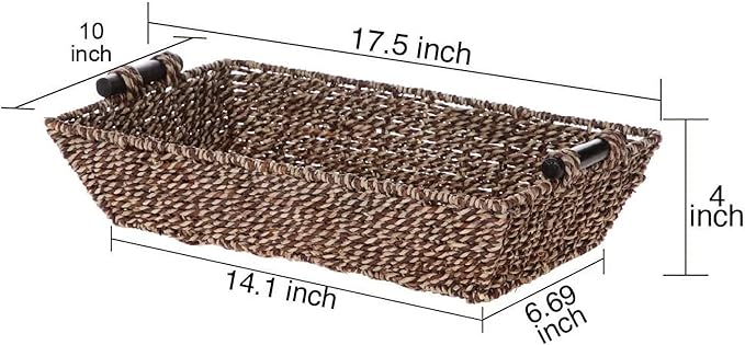 17.5 "x 10" x 4 "wooden handle seaweed rectangular basket, made of fiber tray, used for living room coffee table, bathroom counter, kitchen pantry, farmer's country storage cabinet.