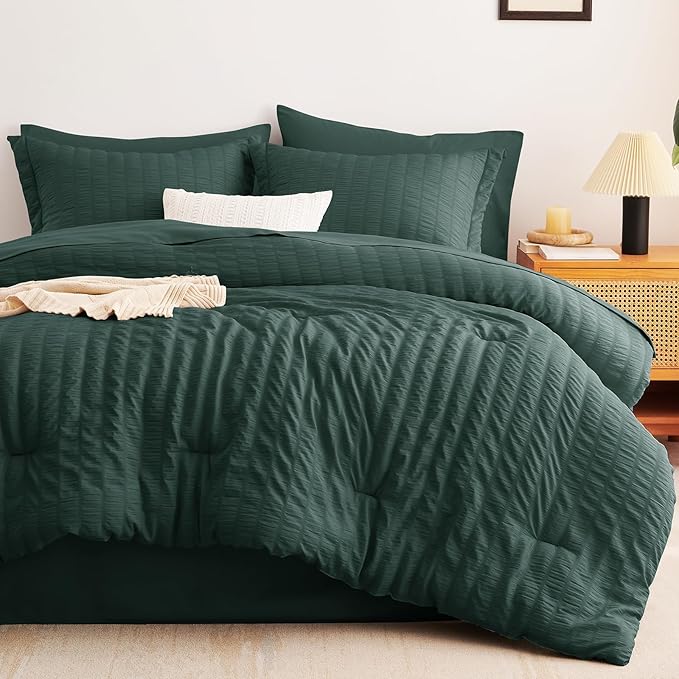 CozyLux Queen Comforter Set Forest Green Seersucker 7 Pieces Bed in a Bag Queen Comforter Set with Sheets, Luxury Bedding Sets with Down Alternative Comforter, Sheets, Pillowcases & Shams All Season