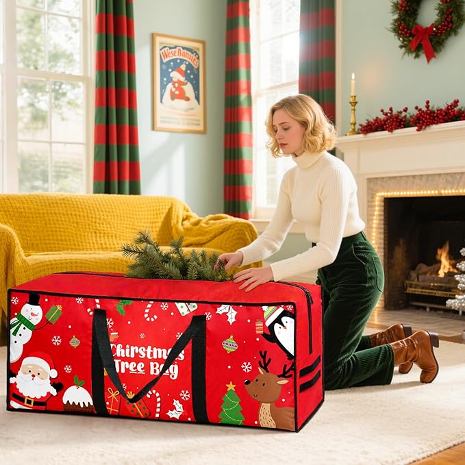 Christmas Tree Storage Bag, Fits Up 7.5 Ft Christmas Tree Durable 600D Oxford Holiday Storage Container with Wide Opening Dual Zippers (Snowman Penguin)