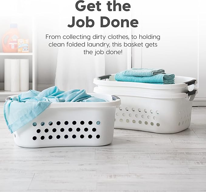 IRIS USA Laundry Basket Hamper Bag, Large Plastic 50L / 1.5 Bushel Dirty Clothes Sorter Bin Organizer for Blankets Bathroom Dorm Bedroom with Ventilation Holes Hip Hold Built-In Carry Handles, White