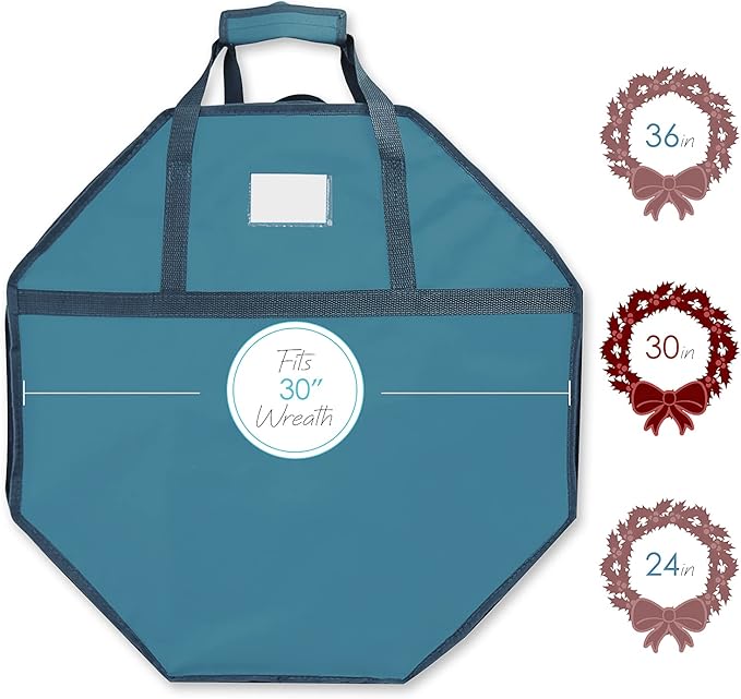 Hearth & Harbor Container-Hard Shell Christmas Bag with Interior Pockets, Dual Zipper and Handles-Premium Wreath Storage Organizer Box, 30", Blue