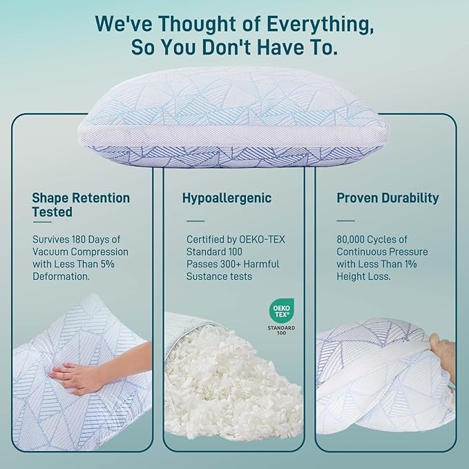 Cotelovo Shredded Memory Foam Cooling Soft Bamboo Viscose Pillows Adjustable Hypoallergenic Hotel Quality Pillows for Stomach, Back or Side Sleeper, Oeko-TEX Certified King Set of 2