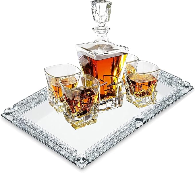 Large Crystal Tray, Glass Mirror Modern Jewelry Trinket Trays with Crushed Diamond, 15.7" x 11.8" Rectangular Makeup Perfume Tray for Bathroom Bedroom, Home Decor, Hotel Banquet, Party (Silver C)
