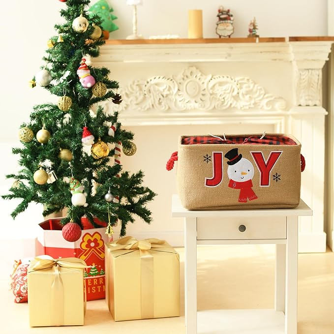INough Christmas Basket Large Christmas Baskets for Gift Empty with Handles, Christmas Gift Baskets Collapsible Gift Basket Empty Christmas Decor for Kidsroom Nursery Play Room (Medium, Joy)