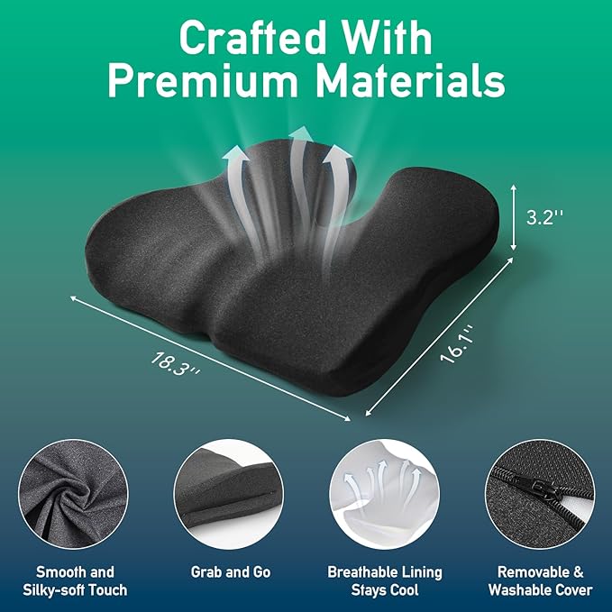 Ergonomic Seat Cushion for Office Chair โ High-Density Memory Foam Support with U-Shaped Coccyx Cut-Out, Stable Comfort for Long Sitting, Enhanced Non-Slip Bottom & Washable Cover