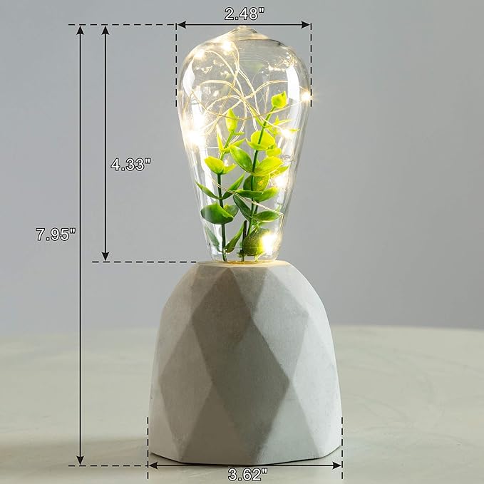 walsport Table Lamp Edison Bulb with Artificial Plant, Concrete Cement Grey Base Nightstand Bedside Lamp, Industrial Minimal Style for Cafe Shop Home Decor Christmas Birthday Christmas Gift