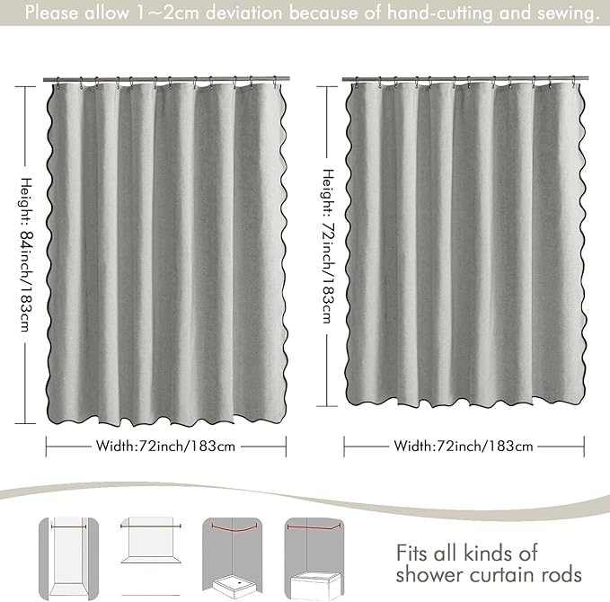 MIULEE 84" Long Scalloped Shower Curtain Linen Textured with 12 Metal Hooks Cute Extra Long Heavy Duty Washable Waterproof Cloth Shower Curtains with Black Border for Bathroom Hotel,Light Grey