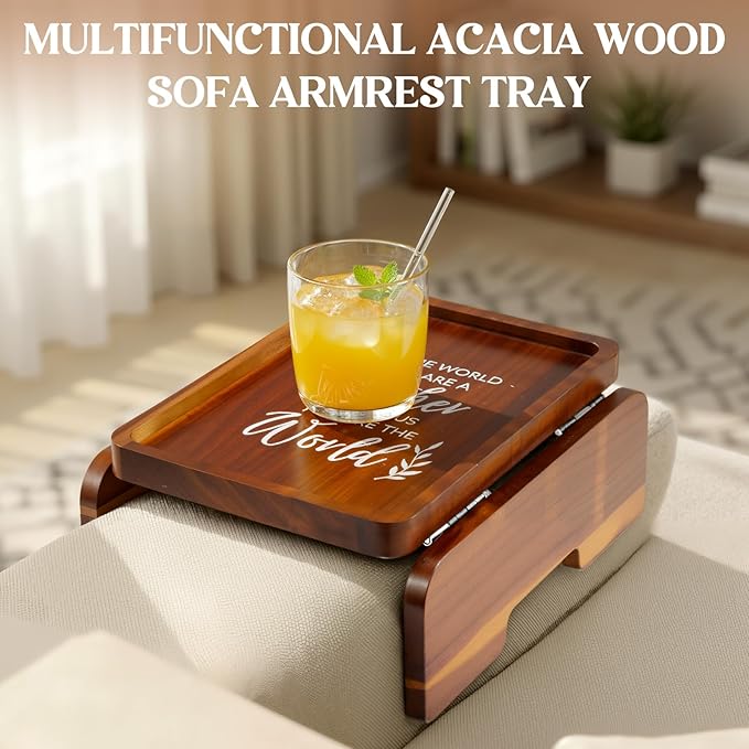 Kathfly Birthday Gifts for Mom, Mothers Day Gift 13.75" x 9.5" Couch Arm Table, to The World You Are a Mother But to Us You Are The World, Wooden Sofa Arm Tray, Mothers Day Gifts from Son Daughter