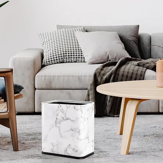 Coloch 2.4 Gallon/9L Rectangle Marble Print Metal Trash Can, Stainless Steel Bathroom Wastebasket Narrow Garbage Bin Invisi-Overlap Open Top Rubbish Bin for Bathroom, Kitchen, Home, Hotel