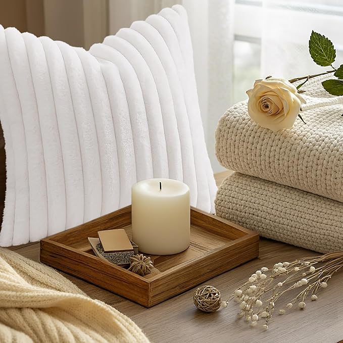 decorUhome Summer Cozy Faux Fur Throw Pillow Covers 24x24 Set of 2 Decorative Soft Plush Striped Modern Farmhouse Boho Couch Euro Sham Pillow Cases with Velvet Back for Sofa Bed Living Room, White