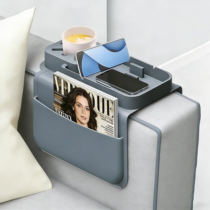 Silicone Couch Cup Holder Tray with Tablet & Phone Stand, Anti-Slip Sofa Arm Organizer with Dual Side Pockets for Remotes, Snacks, Headphones, Glasses, Drinks (Gray)