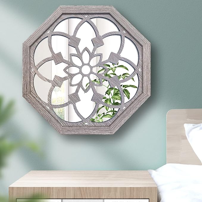 ZOLAPI 2 PCS 20 inch Octagon Wall-Mounted Mirrors,Vintage Farmhouse Mirror for Wall Decor,Barn Wood Color Decorative Accent Mirror for Foyer, Bathroom, Bedroom. (20”x20”)