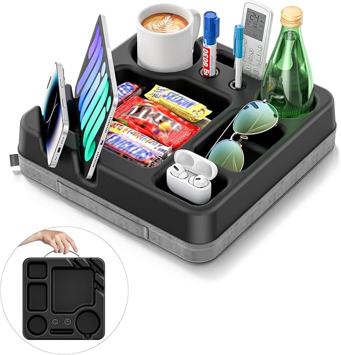 Couch Cup Holder Tray Couch Cup Holder Pillow Bed Tray Snack Sofa Bed Caddy Organizer Beach Sofa Drink Holder Anti-Spill Portable Snack Caddy Couch Remote Holder for Phone Pad Kindle Beverage Black