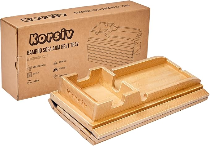 Bamboo Sofa Armrest Tray - Couch Arm Tray with Detachable Couch Cup Holder - 2 in 1 Anti-Slip Foldable Sofa Armchair Caddy Table - Cup Holder for Drinks Cellphone TV Remote Snacks