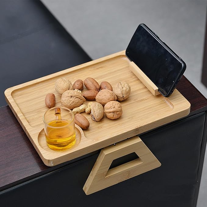 Bamboo Sofa Arm Tray Table, Foldable Couch Armrest Table with Cup Holder & 360° Phone Holder, Portable Snack Tray for Remote, Drinks, Food - Fits Most Sofa Arms.