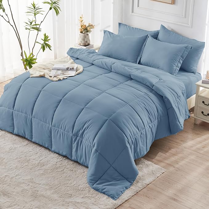 JOLLYVOGUE Twin XL Comforter Set, Ultra-Soft Bed in a Bag Twin XL Size 5 Pieces, Oeko-TEX Certified Bedding Set with Down Alternative Comforter, Sheets, Pillowcases & Shams, Dusty Blue