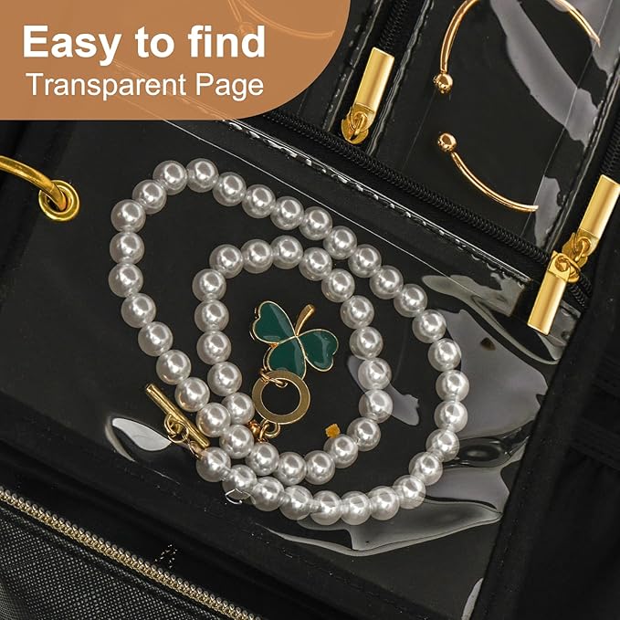 Leather Travel Jewelry Case Organizer,Jewelry Storage Book Binder with Clear Zipper Pouch & Lining-Portable Jewelry Bag for Earrings,Rings,Necklaces,Bracelets (3 PCS Black- Inner Pages)