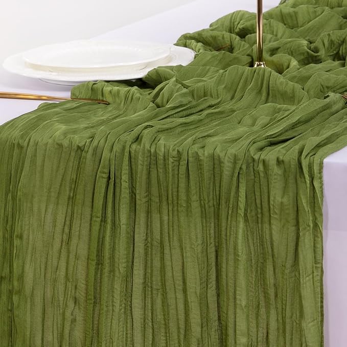 Socomi 3pcs Campsite Green Easter Spring Cheesecloth Table Runner Boho Rustic Gauze 120 inch 10FT Cheese Cloth Runner for Wedding Party Baby Shower Birthday Home Decor Holiday Decorations