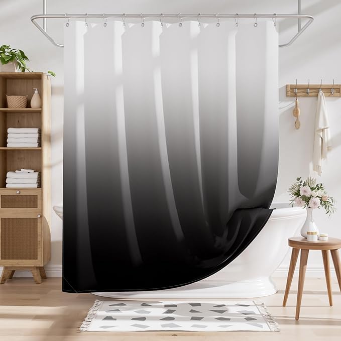 AmazerBath Shower Curtain, Cloth Ombre Black Shower Curtain Set with 12 Hooks, Washable Fabric Black and White Shower Curtain, Rustic Farmhouse Bathroom Shower Curtain, 72x72 Inches