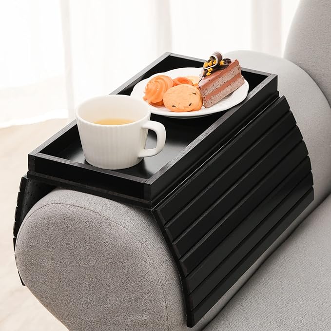 GEHE Bamboo Sofa Arm Tray, Foldable Couch Arm Tray Side Table, Anti-Falling Armrest Tables Cup Holder for Snacks, Drinks, Beers, Phone, Control, Flexible and Portable, Anti-Slip Bottom