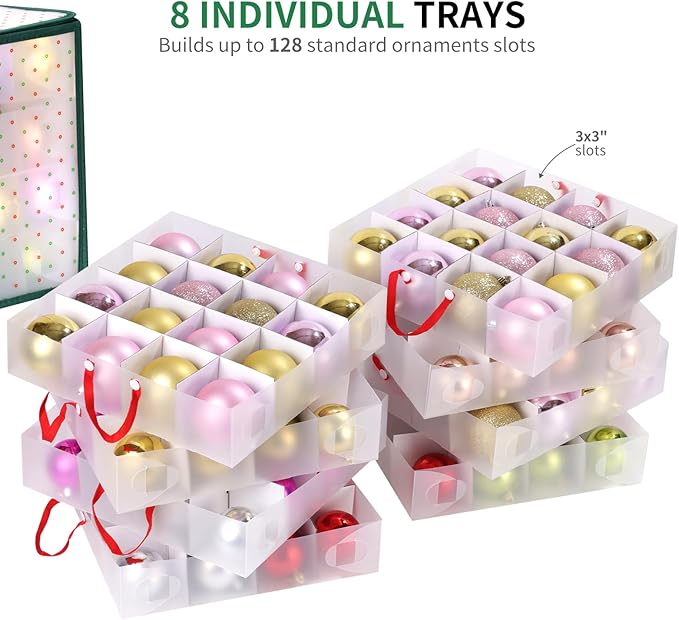 Portable Waterproof Christmas Ornament Storage Box, Large Capacity 128 Slots for 3-Inch Ornaments, Double-Sided Trays with Durable Zippers