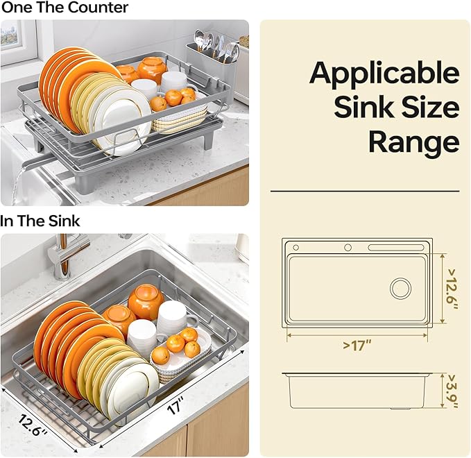 TOOLF Dish Drying Rack, Small Dish Racks for Kitchen Counter, Stainless Steel Sink Organization and Storage Essentials with Cutlery Holder, Dish Drainer, Home and Appartment Decor, Gray