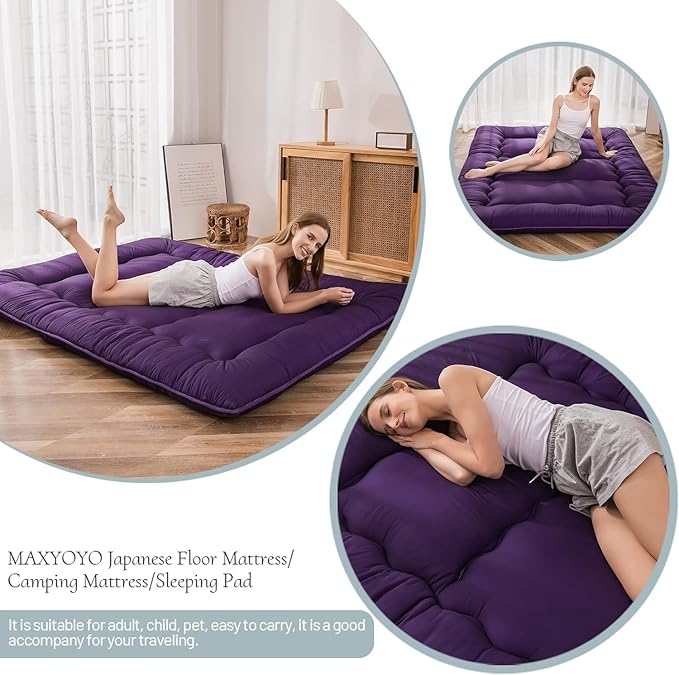 MAXYOYO Japanese Floor Futon Mattress, Roll Up Floor Mattress for Adults Foldable Tatami Mat Sleeping Pad Dormitory Couch Lounger, Purple, Twin Size