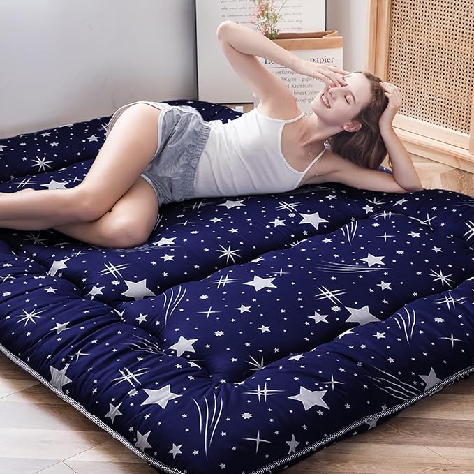 MAXYOYO Navy Starry Sky Japanese Floor Futon Mattress, Tatami Floor Mat Portable Camping Mattress Kids Sleeping Pad Foldable Rolling Up Floor Lounger Couch Queen with Mattress Protector Cover