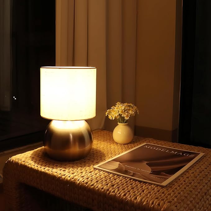 Modern Small Table Lamp Set of 2, Minimalist Nightstand Bedside Lamps with One-Button Inline Switch, 10.4 Inch Desk Light for Bedroom, Living Room,Including Light Bulb(Golden)